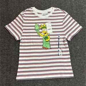 The Simpsons Women's Blouse Short Sleeve Lisa Print Stripped White Large